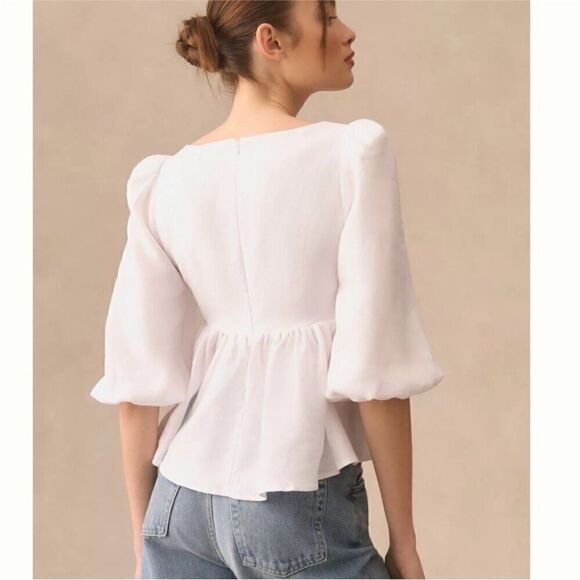 NWT Reformation Abigail White 100% Linen Puff Sleeve Prairie Blouse - Picture 6 of 10